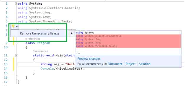 Using Light Bulb to remove un-used using statements